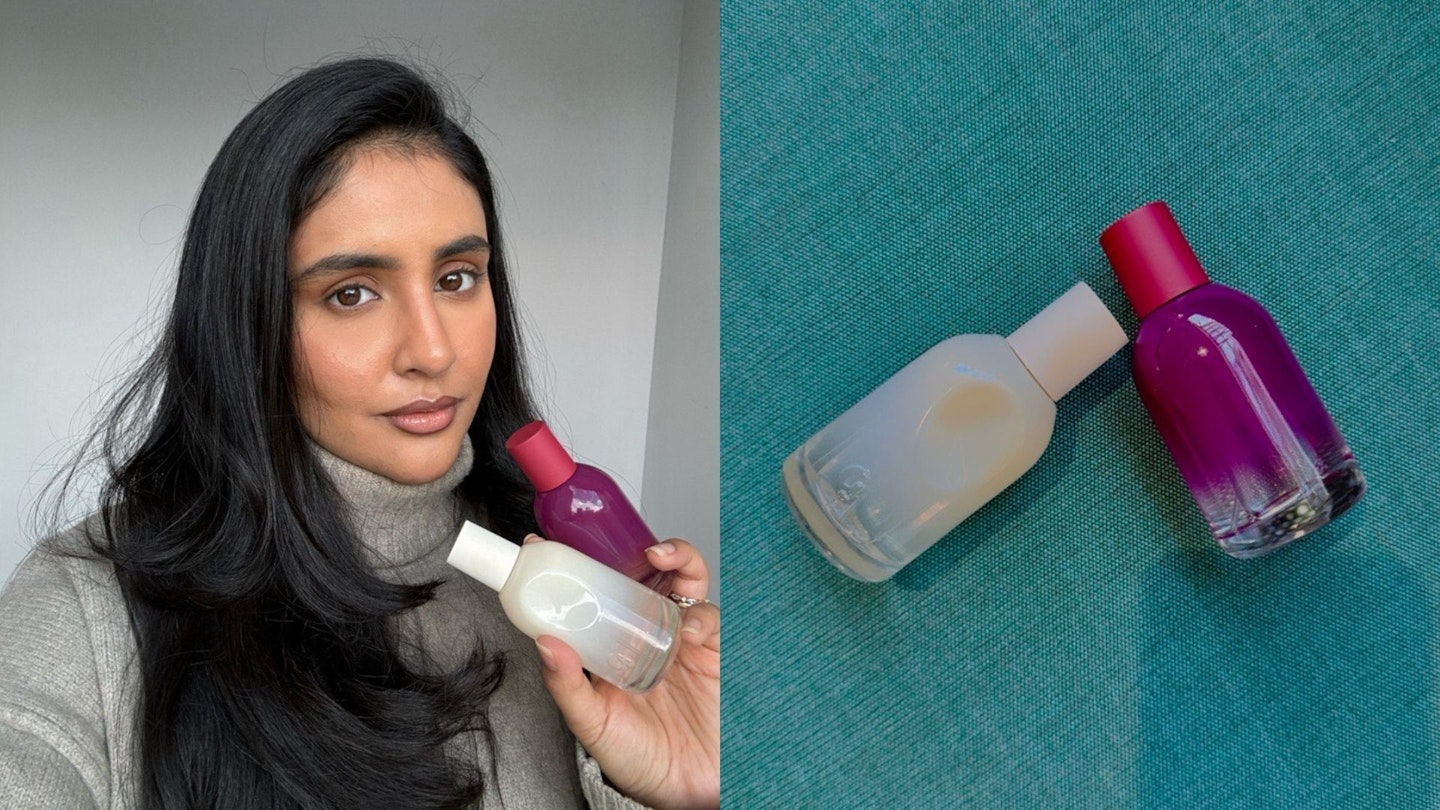 Beauty writer Sameeha Shaikh testing Beauty writer Sameeha Shaikh testing Glossier's You Doux, £62, and You Rêve, £62
