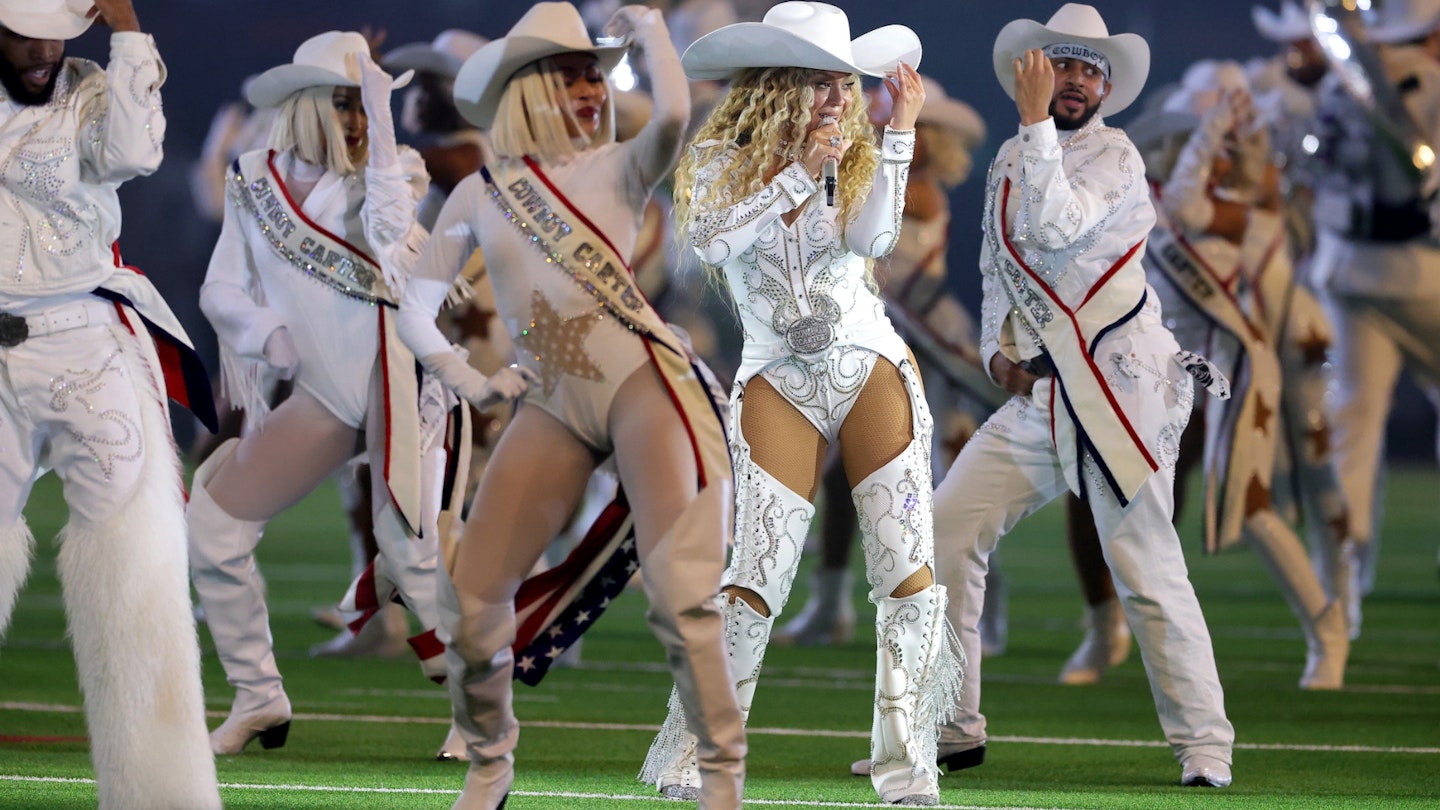 HOUSTON, TEXAS - DECEMBER 25: Beyoncé performs during the halftime show for the game between the Baltimore Ravens and the Houston Texans at NRG Stadium on December 25, 2024 in Houston, Texas.