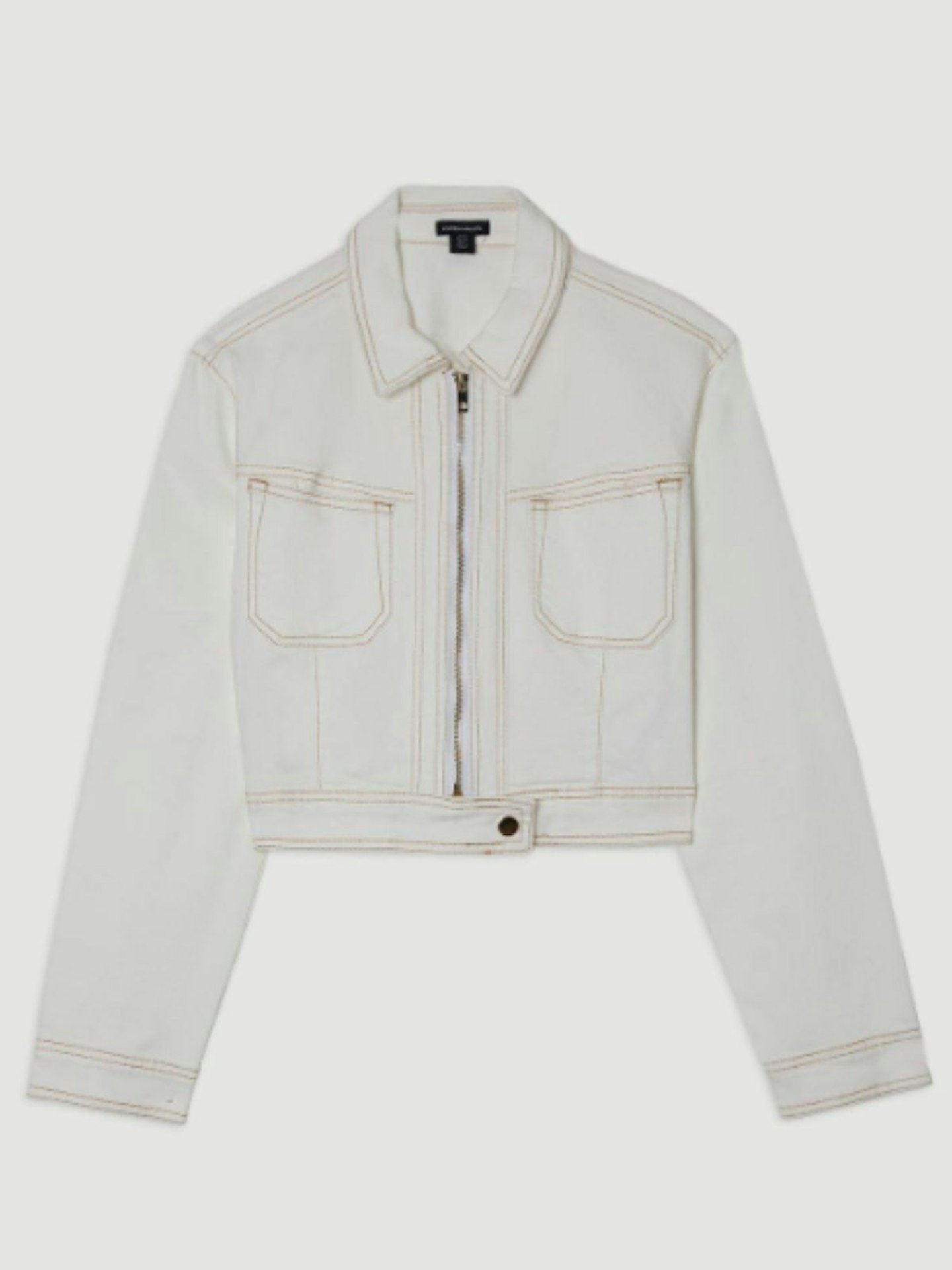 Denim Contrast Stitch Detail Zip Through Jacket - Ivory