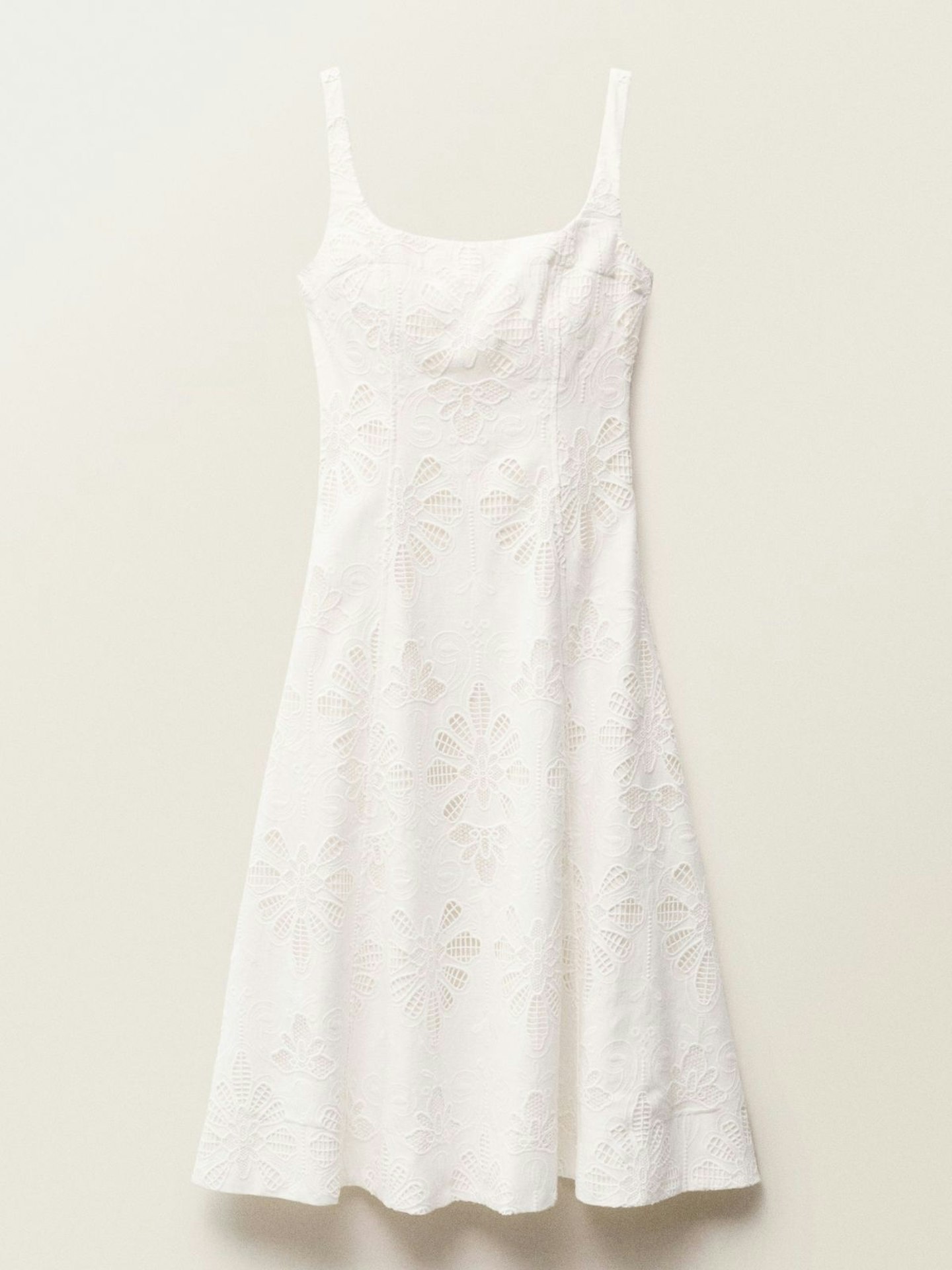 Linen-Floral Embroidered Flared Dress