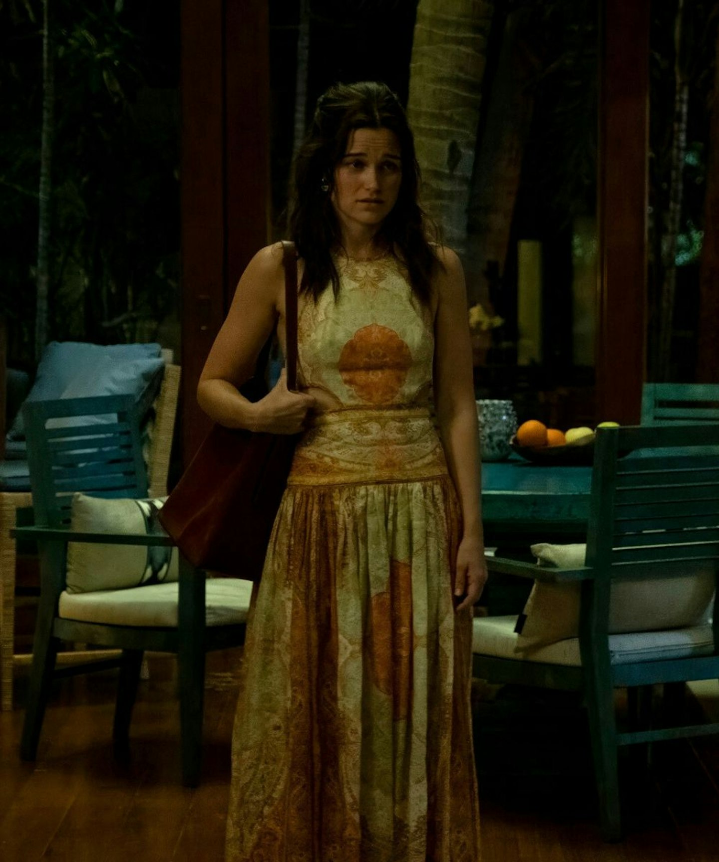 the white lotus season 3 piper wearing an orange paisley print Zimmermann dress