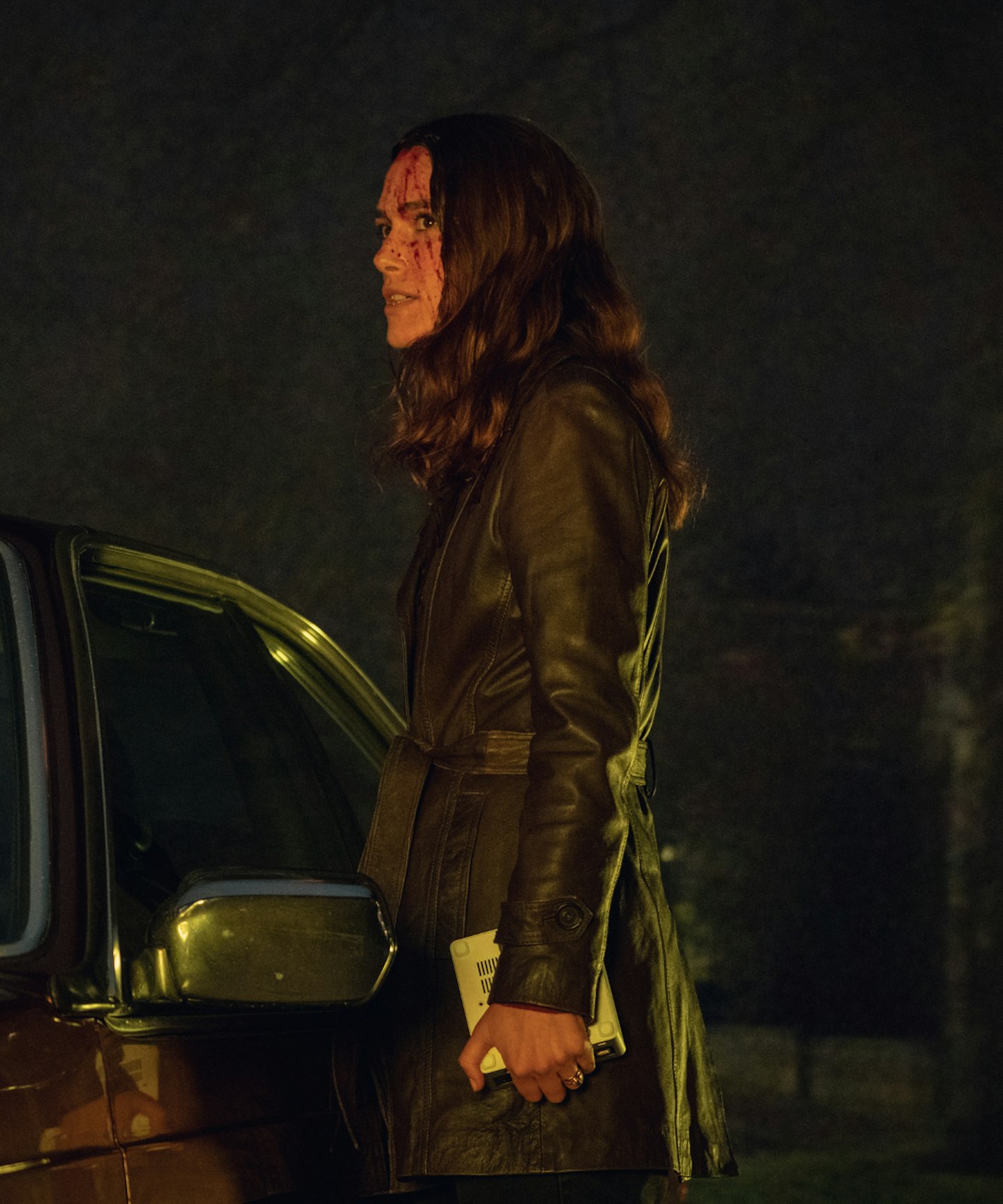 brown leather coat